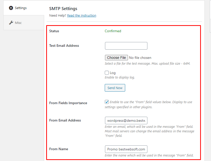 smtp settings