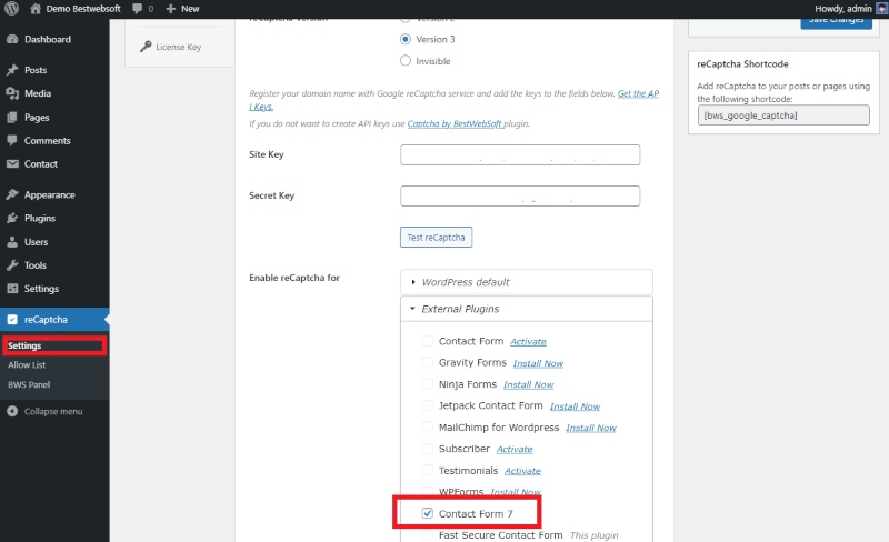 recaptcha for contact form settings