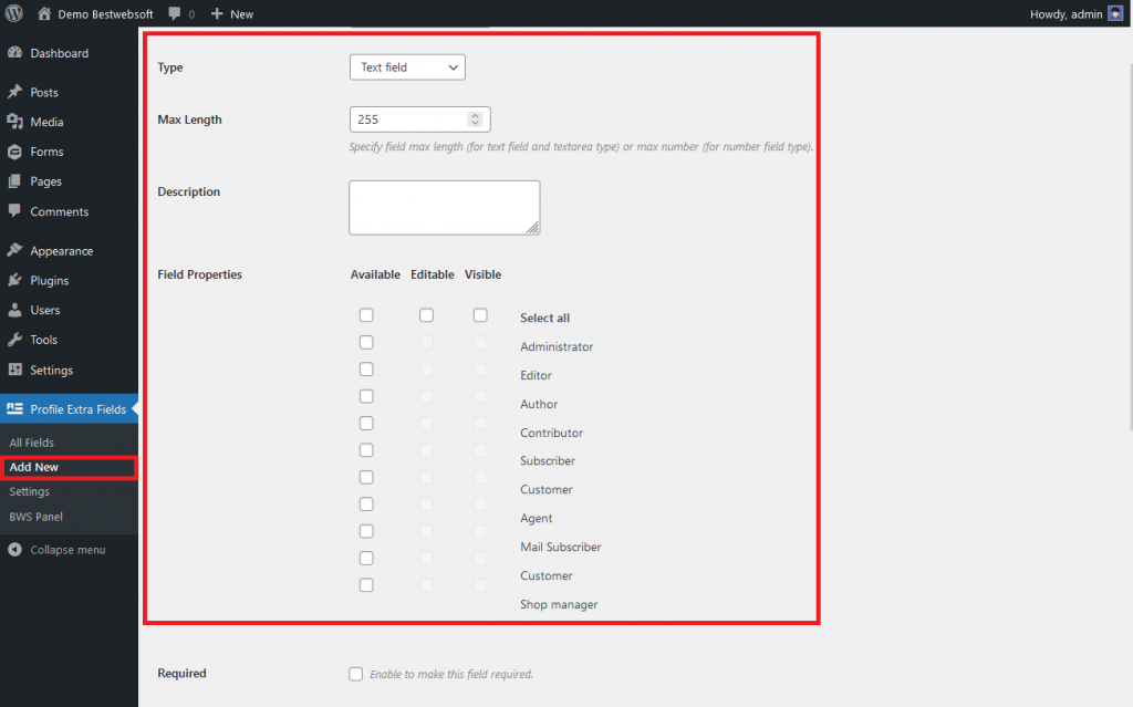 profile extra fields