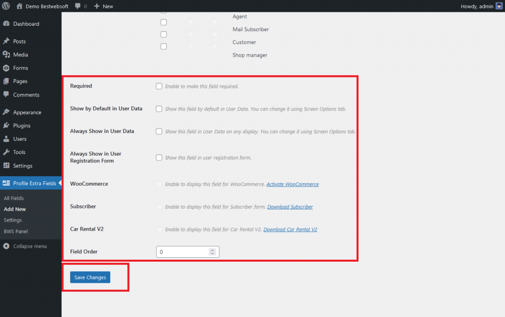 profile extra fields