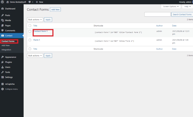 contact form 7 settings for recaptcha