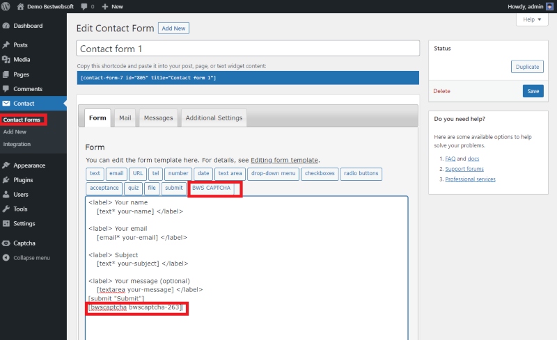 contact form 7 settings for recaptcha