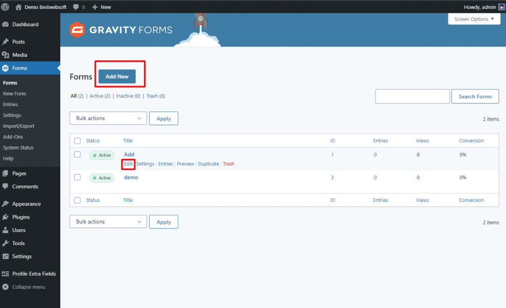 Gravity Forms Settings