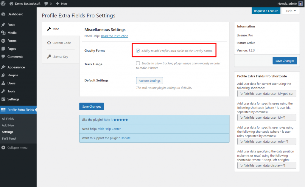 Profile Extra Fields Settings