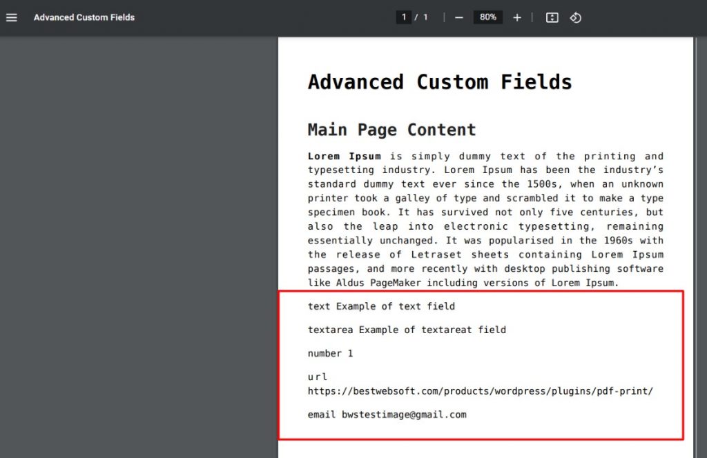 ACF fields with names in pdf View