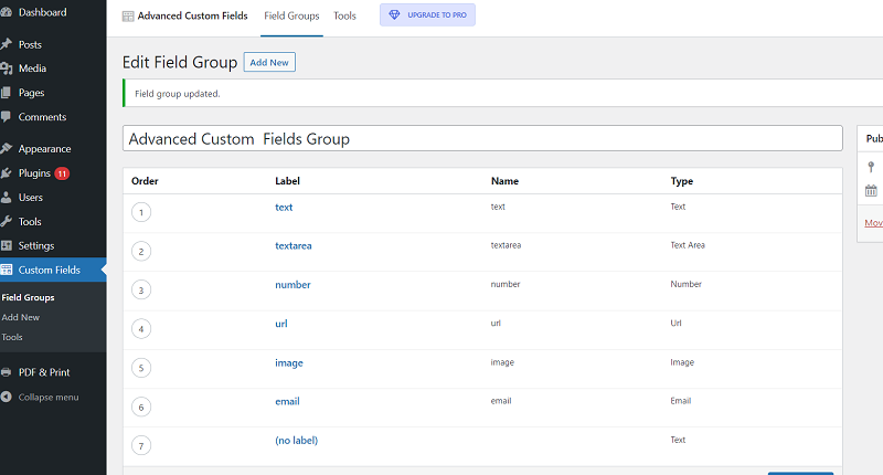 Advanced Custom Fields settings