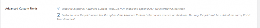 PDF acf settings page