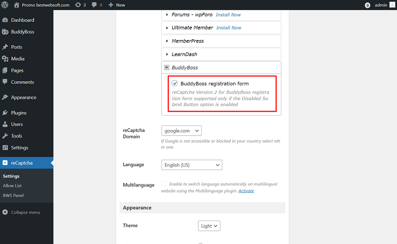 buddyboss recaptcha activation
