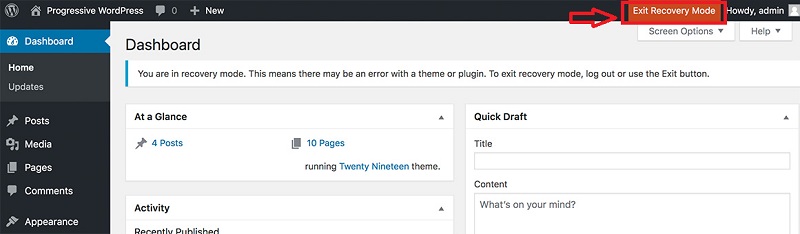 exit recovery mode wordpress