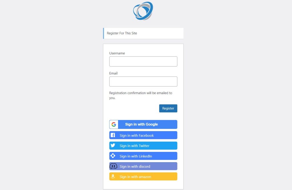 rrgistration form social buttons