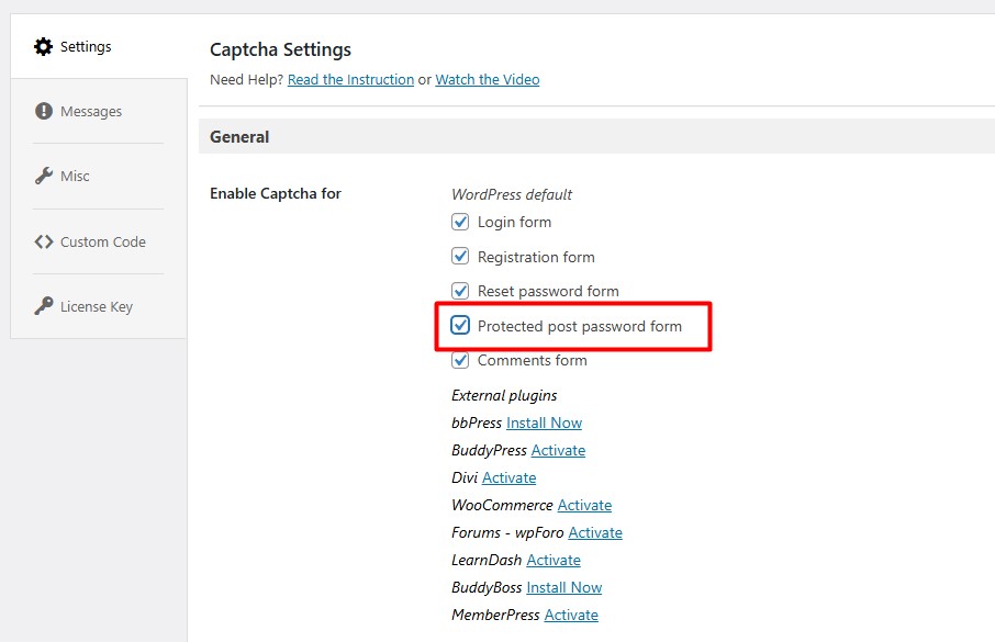 Configure the Plugin Settings captcha wordpress