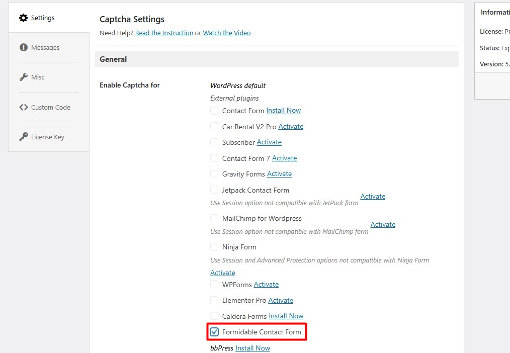 Captcha External Plugins and check Formidable Contact Form