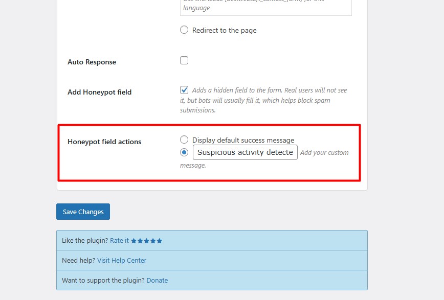 honeypot settings wordpress contact form