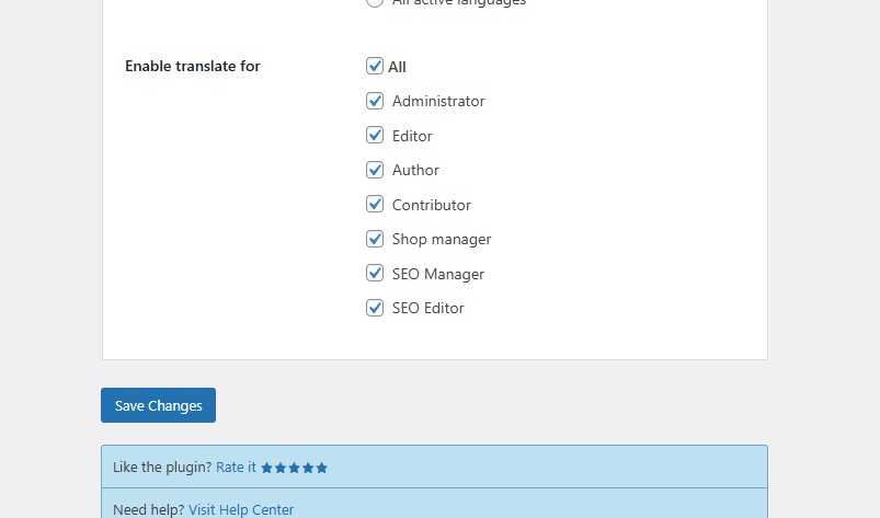 Enable Translation for Any User Role wordpress