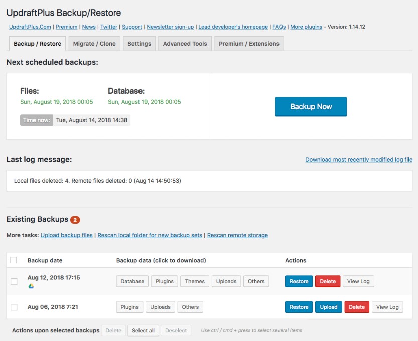 wordpress backup settings