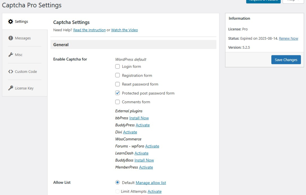 captcha settings wordpress