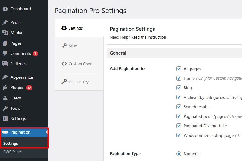 pagination plugin settings page