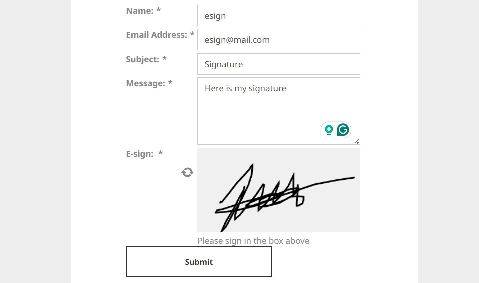 contact form with signature area WP