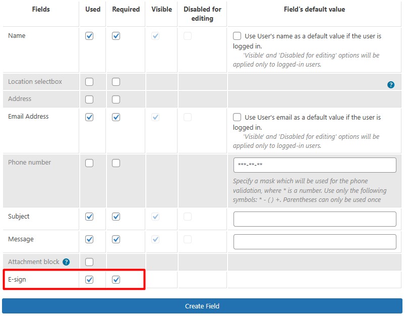 Contact Form Fields e-sign Settings WP