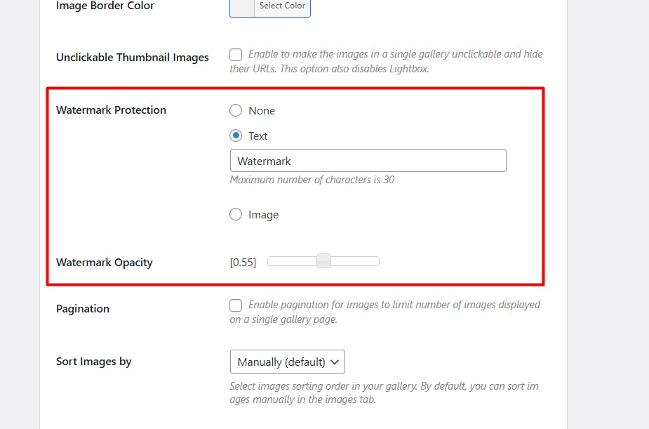 image watermark Protection Settings wordpress