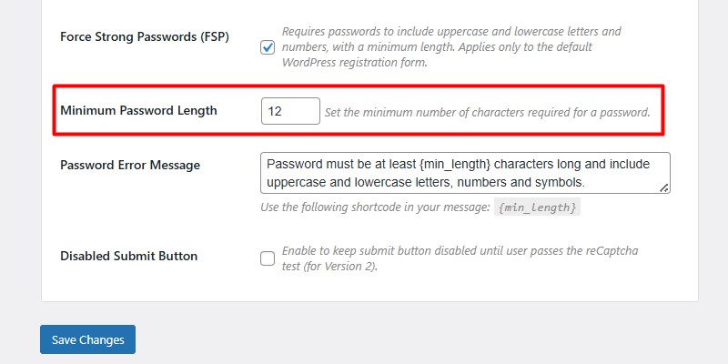 Minimum Password Length recaptcha WP