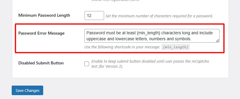 Password Error Message recaptcha wordpress
