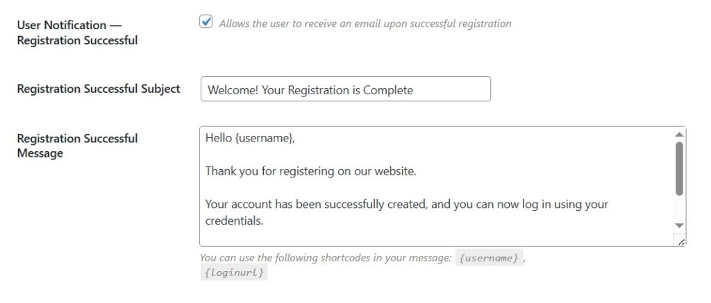 User Notification - Registration Successful wordpress