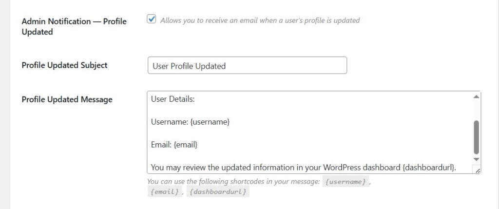 Admin Notification - Profile Updated extra fields