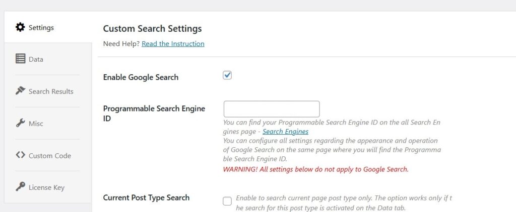 nable Google Search in Custom Search Plugin