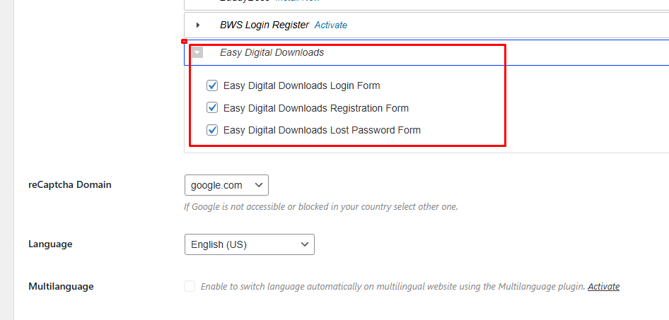 recaptcha for Easy Digital Downloads settings